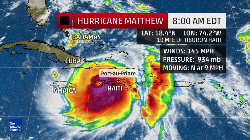 Hurricane Matthew's progress over Haiti on Oct 4 at 8AM from the Weather Channel
